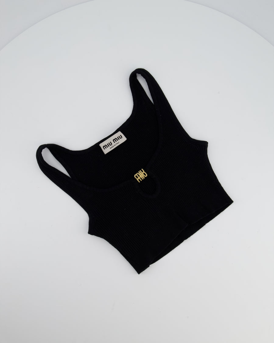 Miu Miu Black Cropped RIbbed Tank Top with Keyhole and Gold Logo Detail Size IT36 (UK 4)