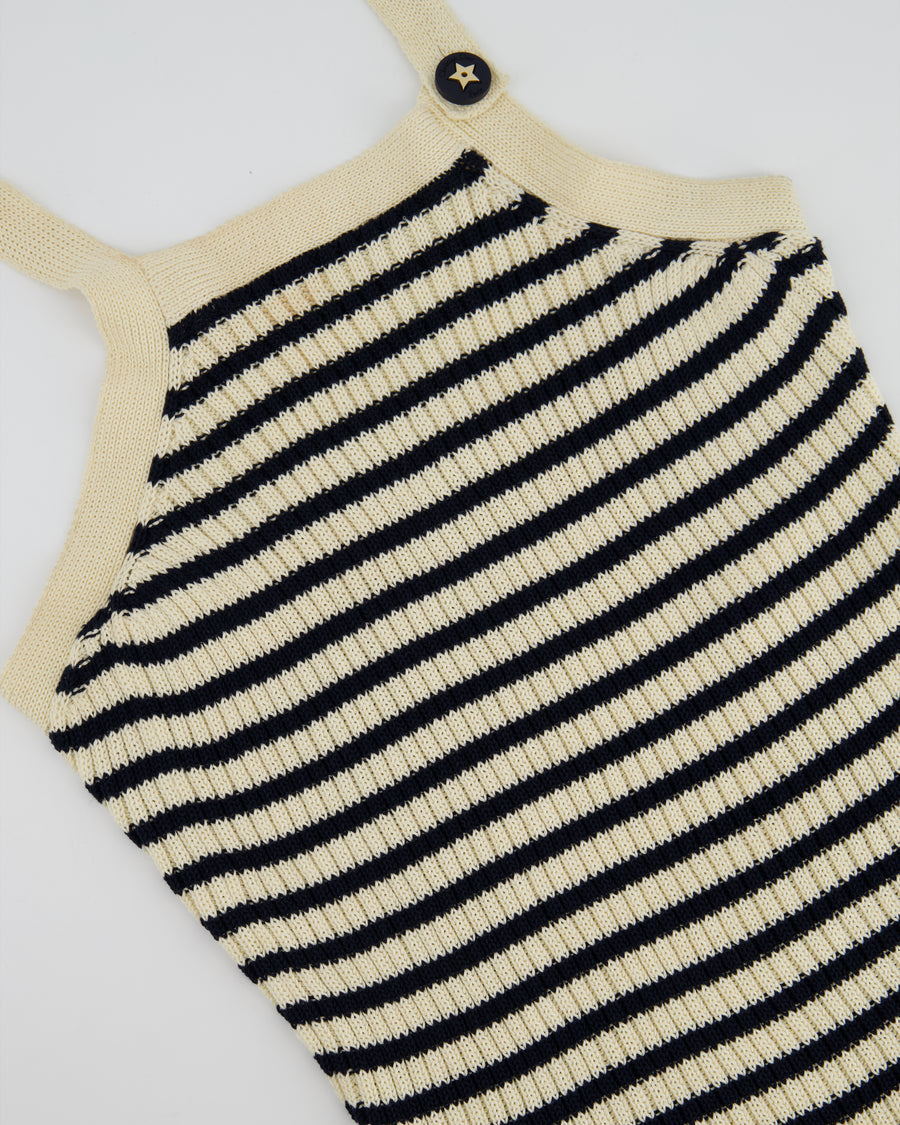 Christian Dior Ecru & Navy Striped Knit Halter Neck Top With Button Detail Size FR 36 (UK 8)