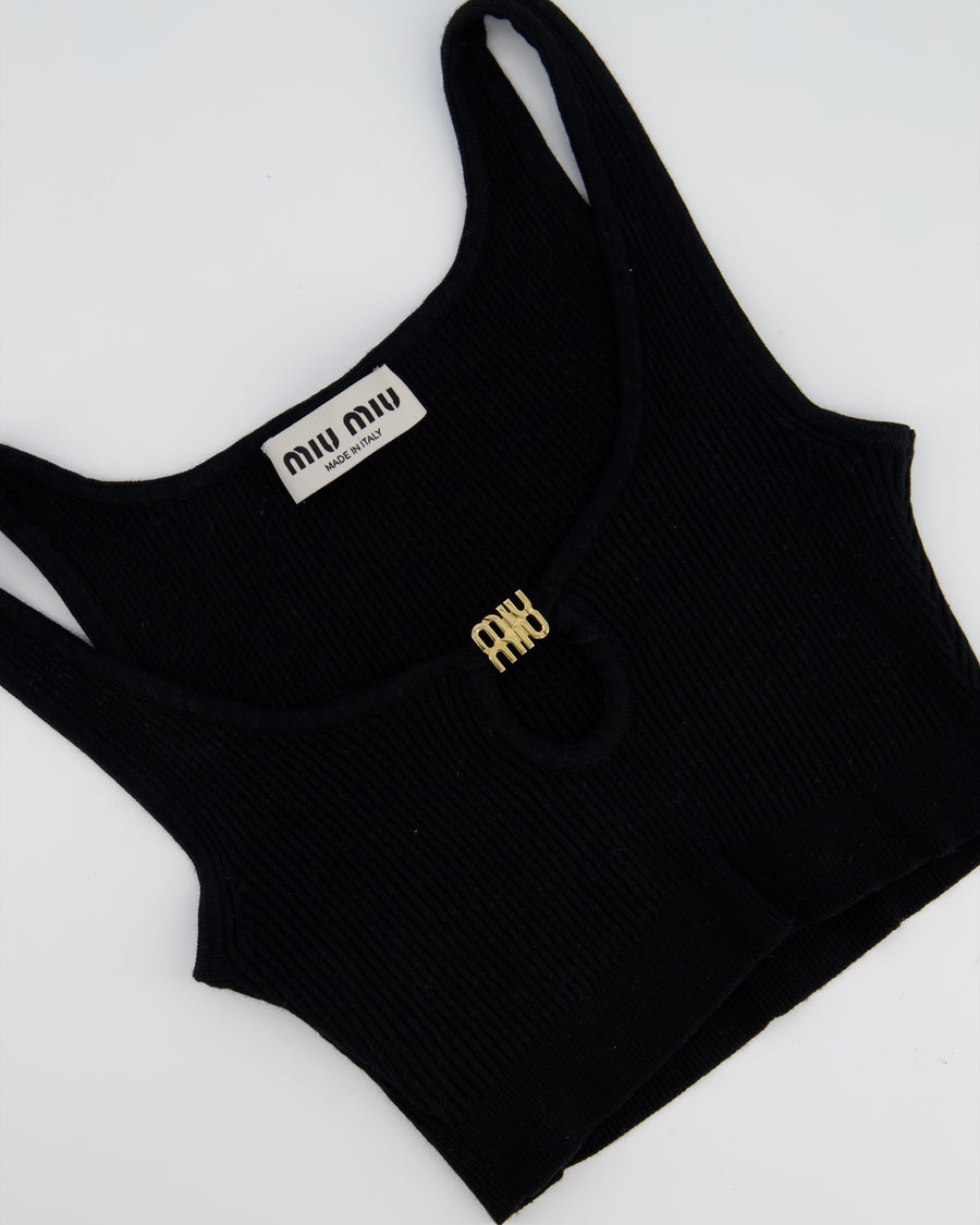 Miu Miu Black Cropped RIbbed Tank Top with Keyhole and Gold Logo Detail Size IT36 (UK 4)