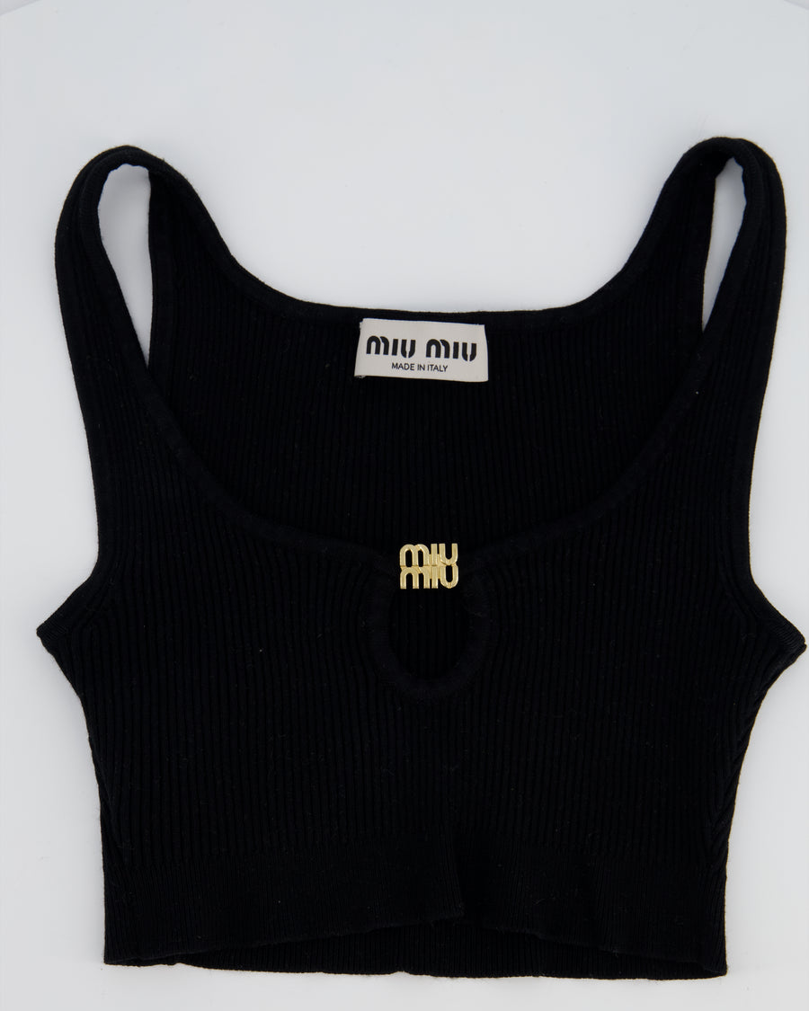 Miu Miu Black Cropped RIbbed Tank Top with Keyhole and Gold Logo Detail Size IT36 (UK 4)