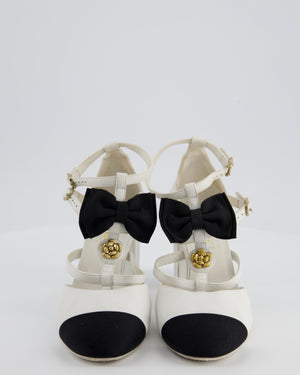 *HOT* Chanel White & Black Mary Jane Heels in Leather with Camelia & Bow Details Size EU 39.5