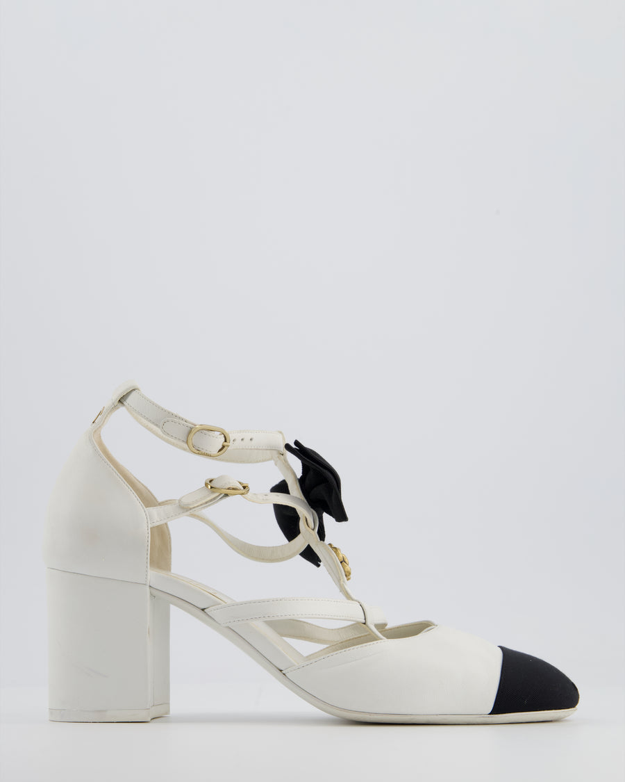 *HOT* Chanel White & Black Mary Jane Heels in Leather with Camelia & Bow Details Size EU 39.5