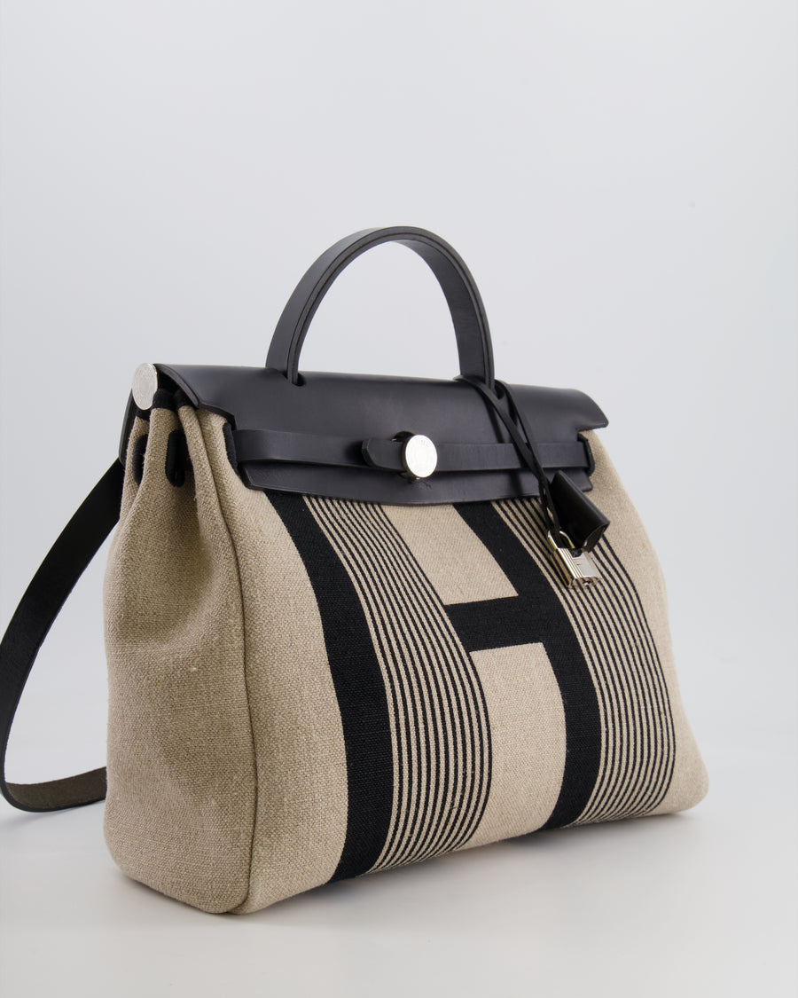 Hermès Herbag 31 Bag in Black Vache Hunter and Ecru Toile de Camp H Vibration with Palladium Hardware