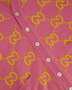 Gucci Pink and Yellow Wool GG Monogram Cardigan with Mother of Pearl Buttons Size XL (UK 12/14) RRP £1,300