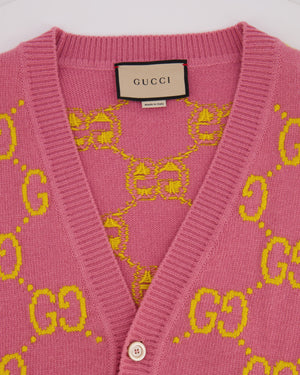 Gucci Pink and Yellow Wool GG Monogram Cardigan with Mother of Pearl Buttons Size XL (UK 12/14) RRP £1,300