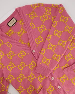Gucci Pink and Yellow Wool GG Monogram Cardigan with Mother of Pearl Buttons Size XL (UK 12/14) RRP £1,300