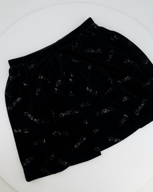 Chanel 22N Black Mini Suede Skirt With Sequin Logo Size FR 34 (UK 6)