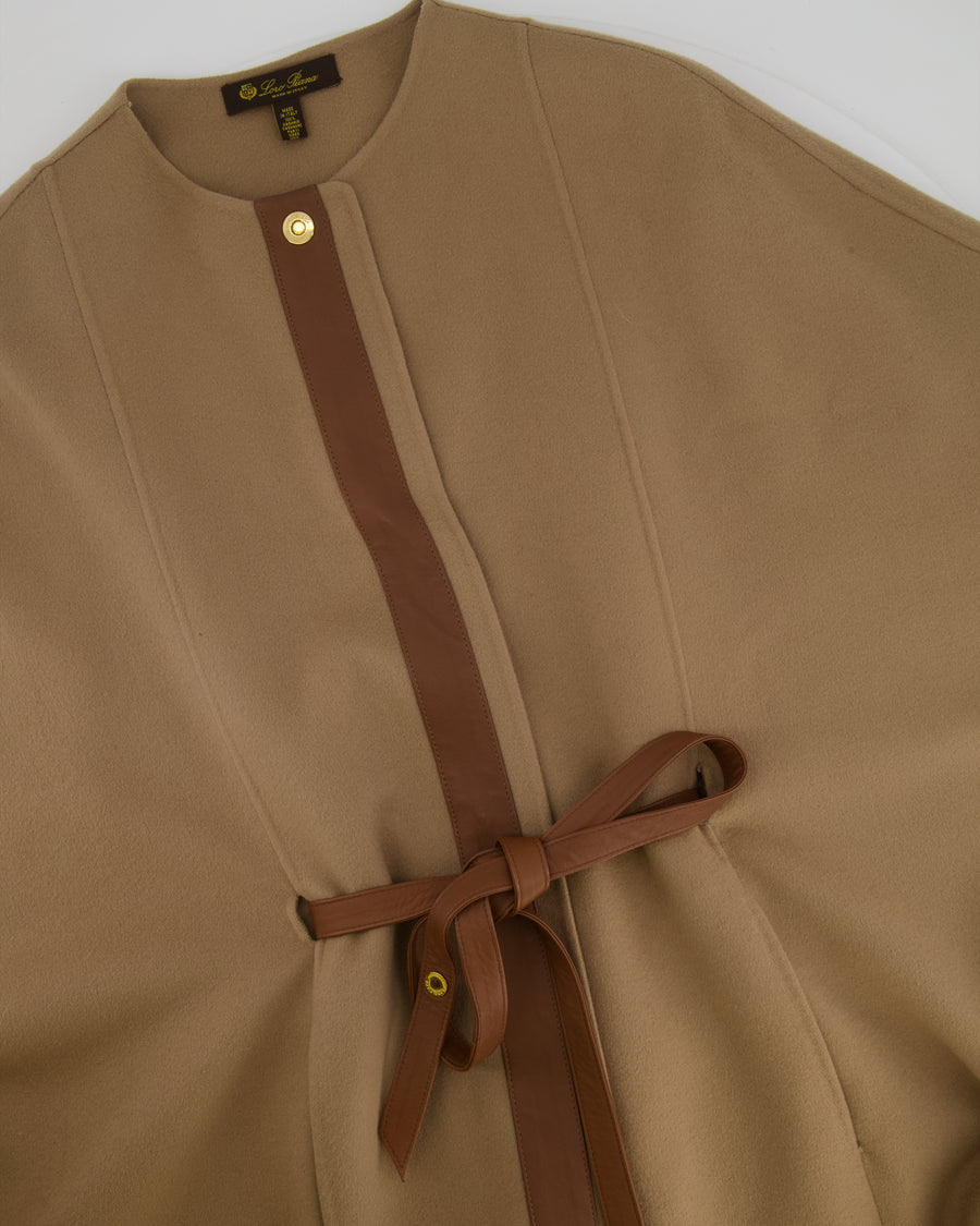 Loro Piana Beige Cashmere Cape With Brown Leather Trim and Gold Buttons One Size