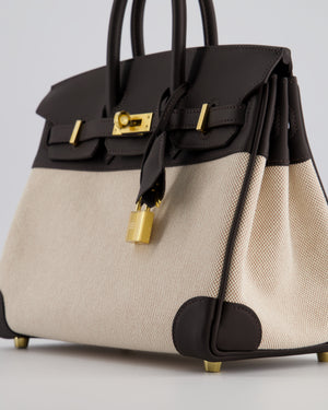 *RARE* Hermès Birkin 25 Retourne Bag in Ecru/Beige Toile H Canvas and Bai Brun Swift Leather with Gold Hardware
