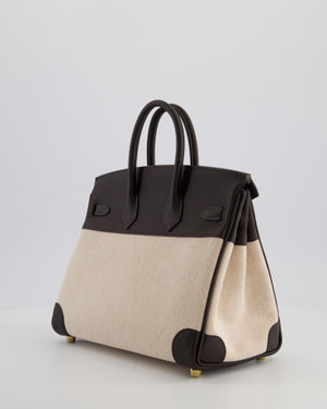 *RARE* Hermès Birkin 25 Retourne Bag in Ecru/Beige Toile H Canvas and Bai Brun Swift Leather with Gold Hardware