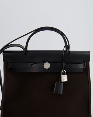 Hermès Herbag 31 Zip Bag in Ebene Toile Militaire Canvas and Black Vache Hunter Leather with Palladium Hardware