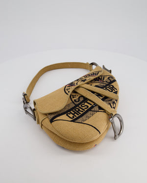 Christian Dior Medium Jute Canvas Embroidered Union Saddle Bag in Raffia Canvas with Ruthenium Hardware