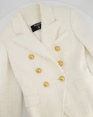 Balmain White Tweed Double Breasted Blazer with Gold Buttons Size FR 36 (UK 8)