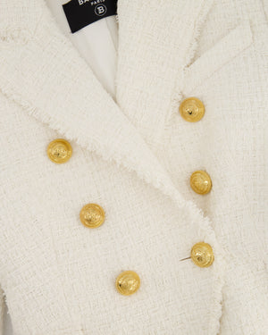 Balmain White Tweed Double Breasted Blazer with Gold Buttons Size FR 36 (UK 8)