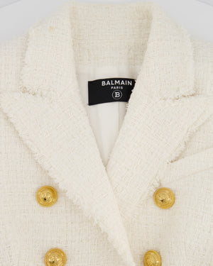 Balmain White Tweed Double Breasted Blazer with Gold Buttons Size FR 36 (UK 8)