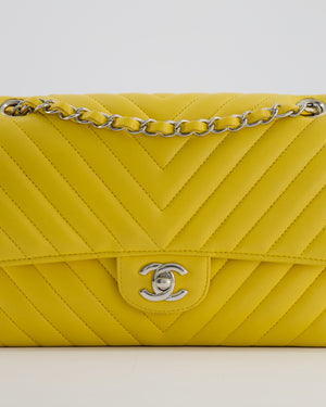 Chanel Yellow Chevron Medium Classic Double Flap Bag in Lambskin with Silver Hardware