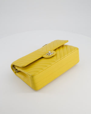 Chanel Yellow Chevron Medium Classic Double Flap Bag in Lambskin with Silver Hardware