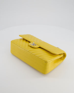 Chanel Yellow Chevron Medium Classic Double Flap Bag in Lambskin with Silver Hardware