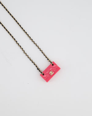 Chanel 23C Black Leather & Champagne Gold Chain Necklace with Pink Bag Pendant