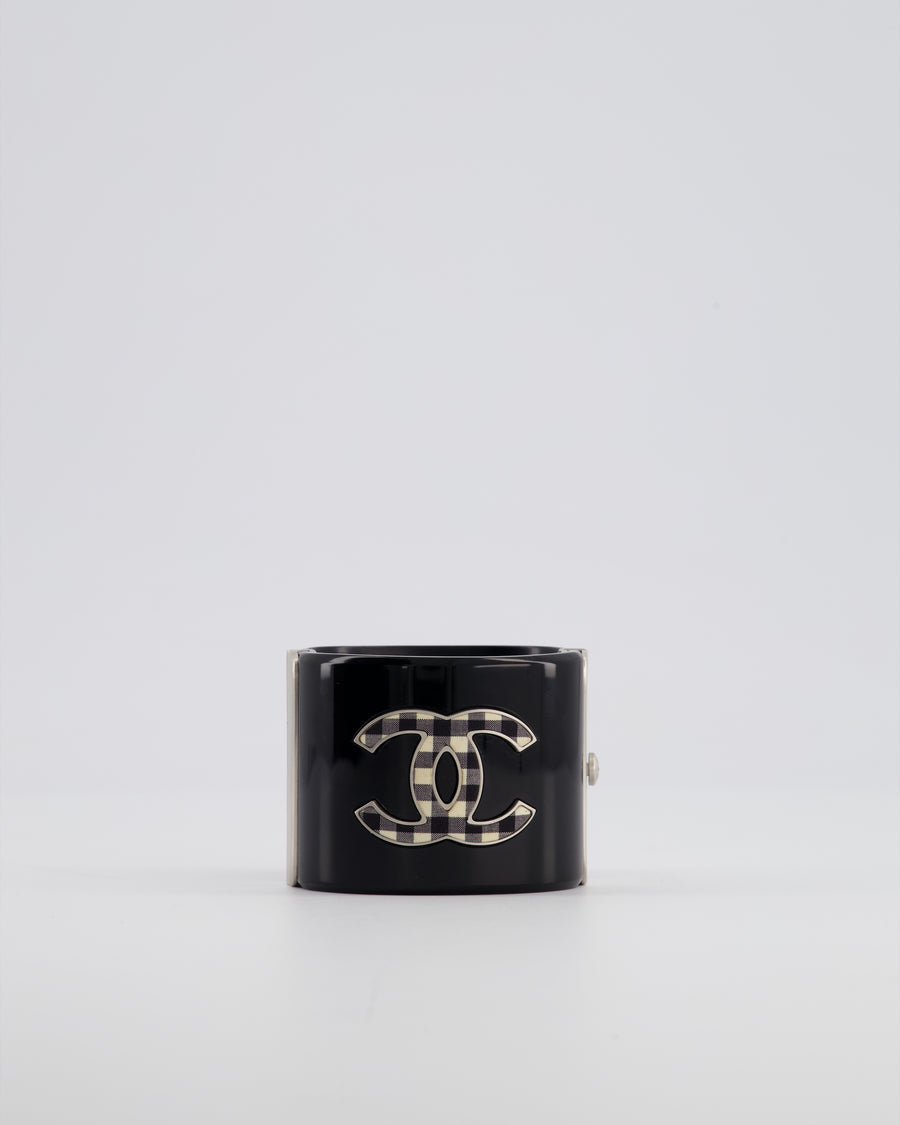 Chanel Black Cuff Bracelet with CC Logo and Brushed Silver Hardware