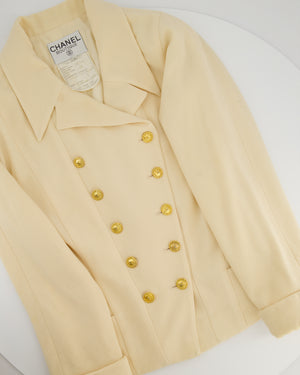 Chanel Vintage Cream Double Breasted Wool Blazer Jacket and Skirt Set with Gold CC Logo Button Detail FR 36 (UK 8)