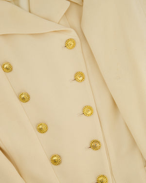 Chanel Vintage Cream Double Breasted Wool Blazer Jacket and Skirt Set with Gold CC Logo Button Detail FR 36 (UK 8)
