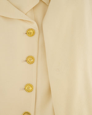 Chanel Vintage Cream Double Breasted Wool Blazer Jacket and Skirt Set with Gold CC Logo Button Detail FR 36 (UK 8)