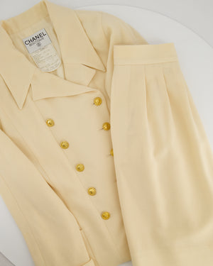 Chanel Vintage Cream Double Breasted Wool Blazer Jacket and Skirt Set with Gold CC Logo Button Detail FR 36 (UK 8)