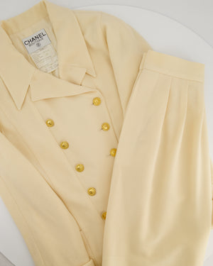 Chanel Vintage Cream Double Breasted Wool Blazer Jacket and Skirt Set with Gold CC Logo Button Detail FR 36 (UK 8)
