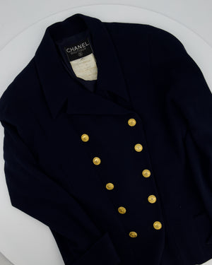 Chanel Vintage Navy Double Breasted Wool Blazer Jacket and Skirt Set with Gold CC Logo Button Detail FR 38 (UK 10)