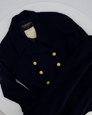 Chanel Vintage Navy Double Breasted Wool Blazer Jacket and Skirt Set with Gold CC Logo Button Detail FR 38 (UK 10)