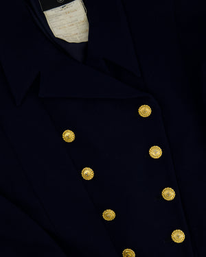Chanel Vintage Navy Double Breasted Wool Blazer Jacket and Skirt Set with Gold CC Logo Button Detail FR 38 (UK 10)