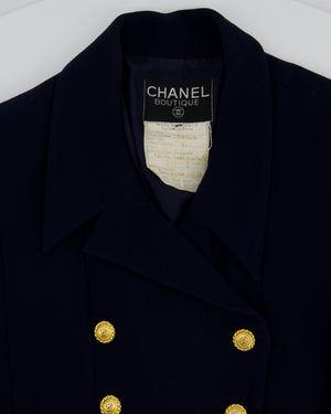 Chanel Vintage Navy Double Breasted Wool Blazer Jacket and Skirt Set with Gold CC Logo Button Detail FR 38 (UK 10)