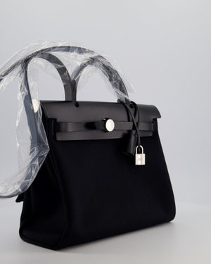 Hermès Herbag 31 Zip Bag in Noir Toile Officier Canvas, Noir Vache Hunter Leather with Palladium Hardware