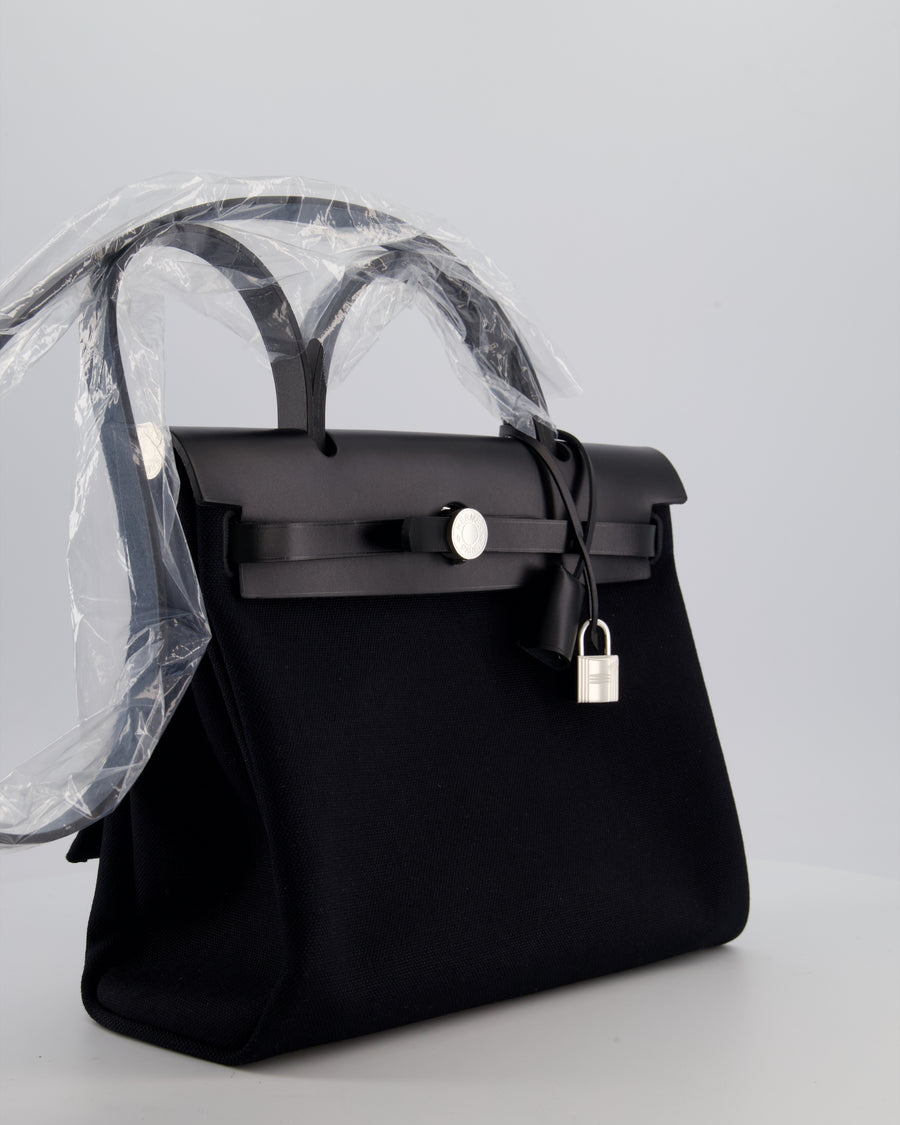 Hermès Herbag 31 Zip Bag in Noir Toile Officier Canvas, Noir Vache Hunter Leather with Palladium Hardware