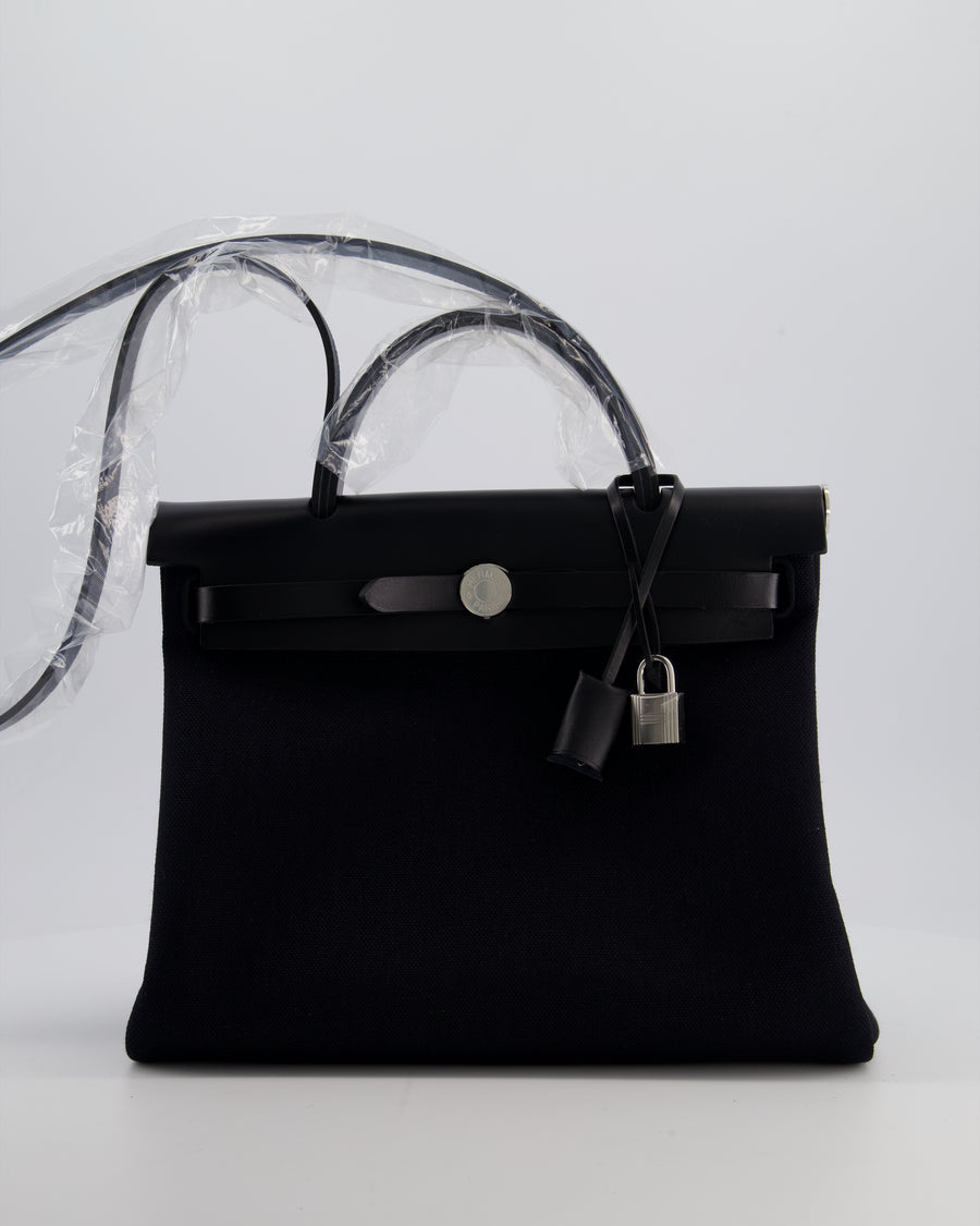 Hermès Herbag 31 Zip Bag in Noir Toile Officier Canvas, Noir Vache Hunter Leather with Palladium Hardware