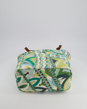 Emilio Pucci Green & White Coated Canvas & Brown Leather Small Tote Bag
