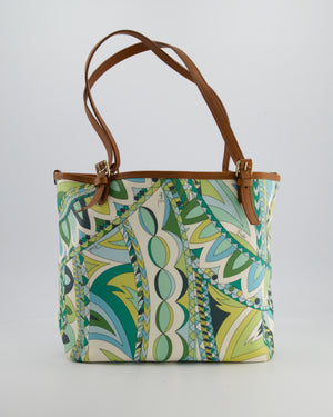 Emilio Pucci Green & White Coated Canvas & Brown Leather Small Tote Bag