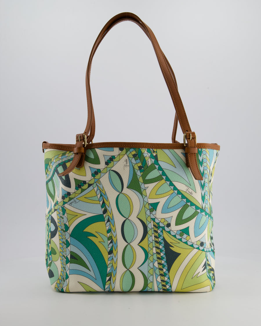 Emilio Pucci Green & White Coated Canvas & Brown Leather Small Tote Bag