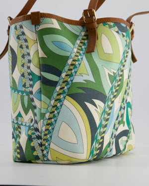 Emilio Pucci Green & White Coated Canvas & Brown Leather Small Tote Bag