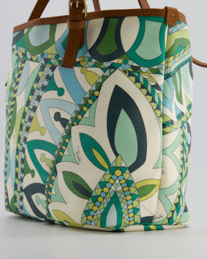 Emilio Pucci Green & White Coated Canvas & Brown Leather Small Tote Bag