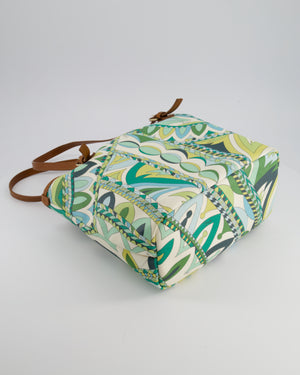 Emilio Pucci Green & White Coated Canvas & Brown Leather Small Tote Bag
