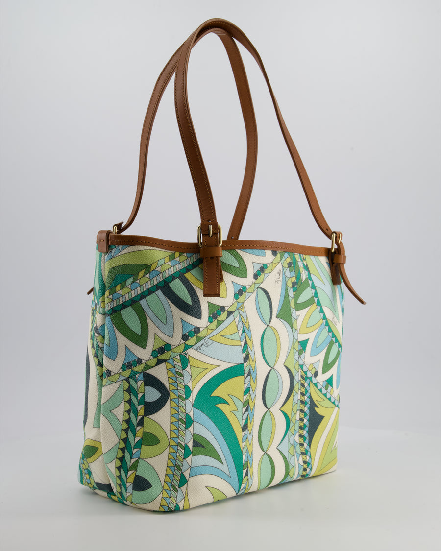 Emilio Pucci Green & White Coated Canvas & Brown Leather Small Tote Bag