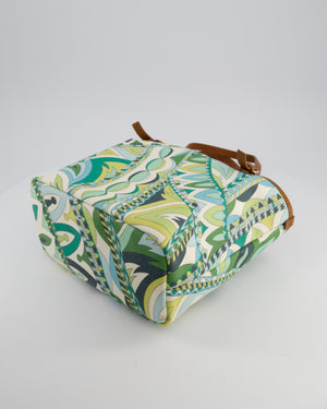 Emilio Pucci Green & White Coated Canvas & Brown Leather Small Tote Bag