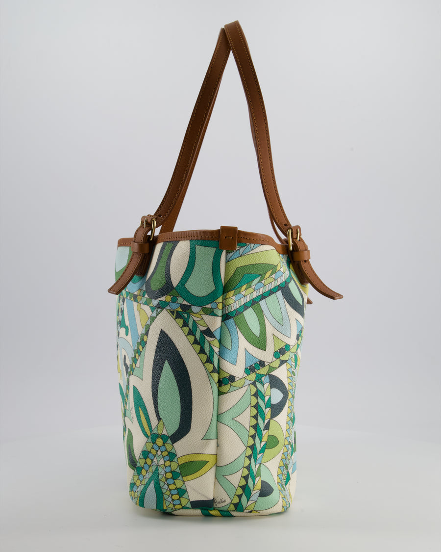 Emilio Pucci Green & White Coated Canvas & Brown Leather Small Tote Bag