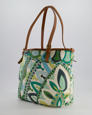 Emilio Pucci Green & White Coated Canvas & Brown Leather Small Tote Bag