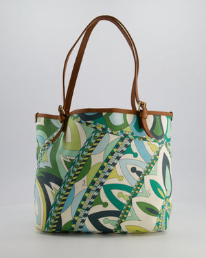 Emilio Pucci Green & White Coated Canvas & Brown Leather Small Tote Bag
