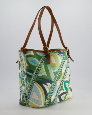 Emilio Pucci Green & White Coated Canvas & Brown Leather Small Tote Bag