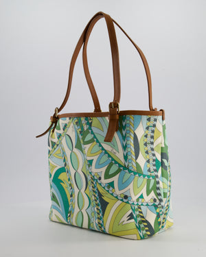 Emilio Pucci Green & White Coated Canvas & Brown Leather Small Tote Bag