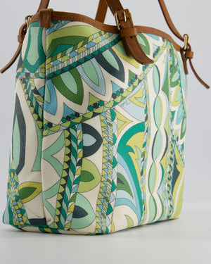 Emilio Pucci Green & White Coated Canvas & Brown Leather Small Tote Bag